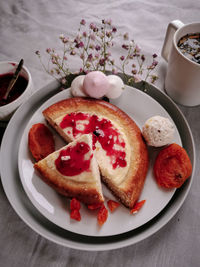 High angle view of breakfast served on table