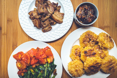 High angle view of food served on table