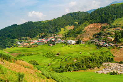 Scenic view of agricultural field by mountains against sky