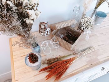 High angle view of pine cones on table