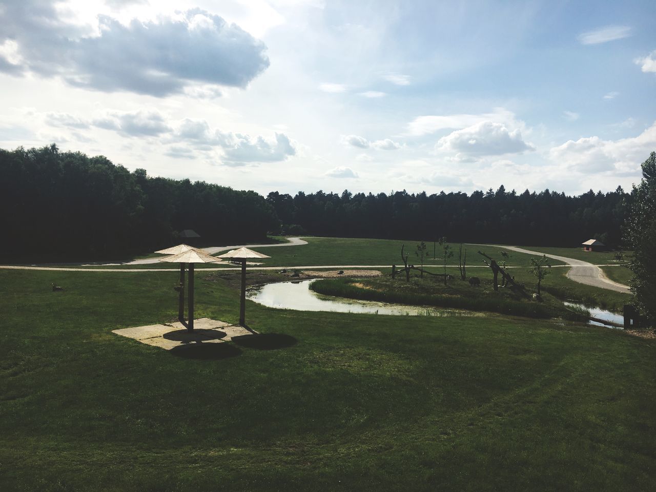 sky, grass, tranquil scene, tranquility, water, tree, scenics, cloud - sky, nature, beauty in nature, lake, river, landscape, cloud, sunlight, park - man made space, idyllic, transportation, grassy, outdoors