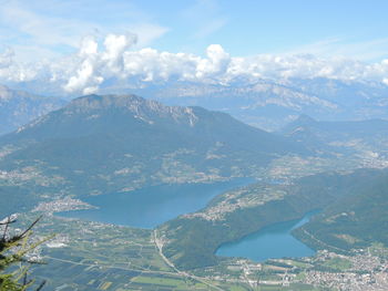 Aerial view of city by sea against sky