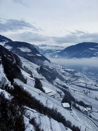 High angle view of snow covered mountains against sky