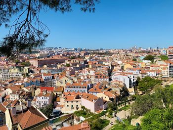 High angle view of townscape against clear blue sky