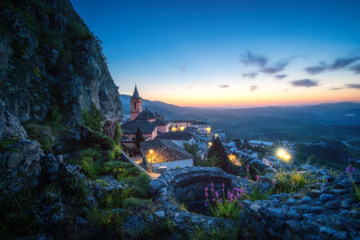 High angle view of townscape against sky during sunset