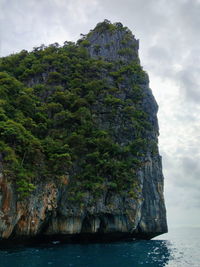 Scenic view of rocks by sea against sky