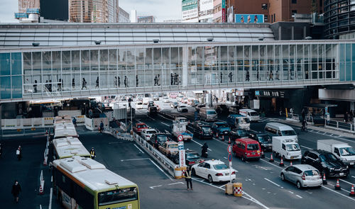 High angle view of people on road