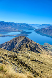 Scenic view of mountains against clear blue sky