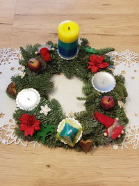 High angle view of christmas decoration on table