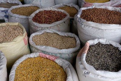 High angle view of food in sacks for sale at store