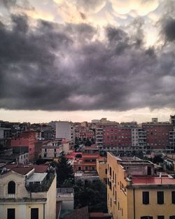 High angle view of cityscape against cloudy sky