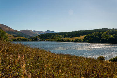 Scenic view of lake against clear sky