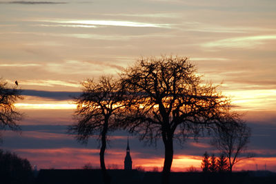Silhouette bare tree against romantic sky at sunset