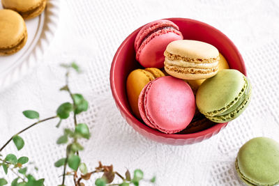 Colorful french macarons in pink bowl on white tablecloth. tasty cakes macaroon of different colors. 