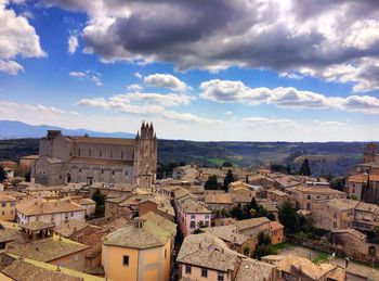 High angle view of old town against sky