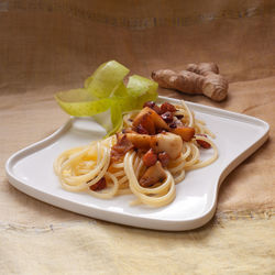 High angle view of dessert in plate on table