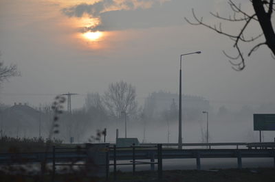 Bare trees against sky during sunset