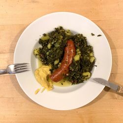 High angle view of food in plate on table