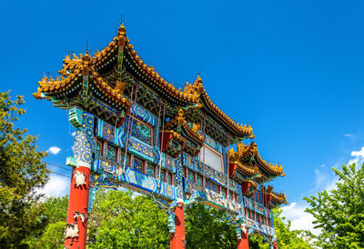 Low angle view of temple against clear blue sky