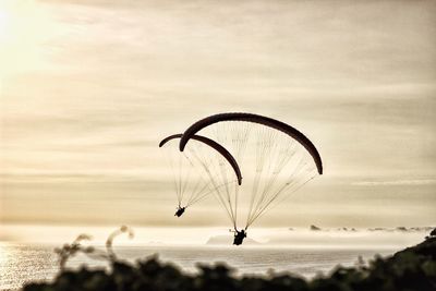 Silhouette people paragliding over sea against sky during sunset