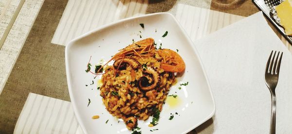 High angle view of food in plate on table