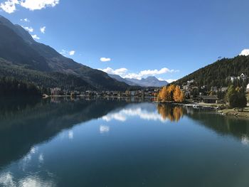 Scenic view of lake and mountains against blue sky