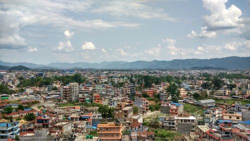 High angle shot of townscape against sky
