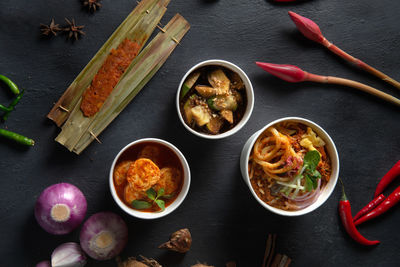 High angle view of various food on table