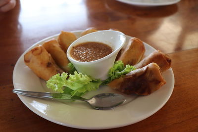 High angle view of meal served on table