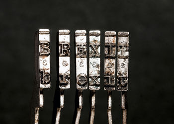 Close-up of old metal grate against black background