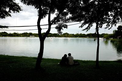 Rear view of couple sitting on tree trunk by lake