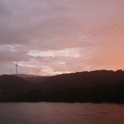 Silhouette birds over lake against sky at sunset