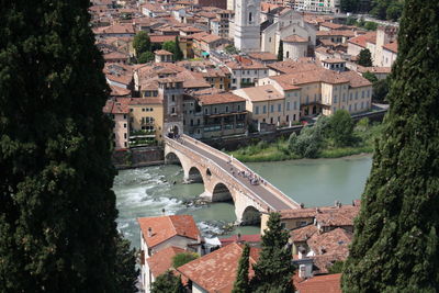 High angle view of river amidst trees against sky