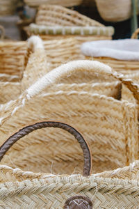 Close-up of wicker basket for sale in market