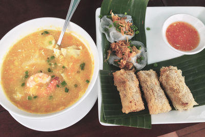 High angle view of soup in bowl on table