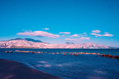 Scenic view of sea against blue sky