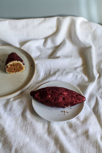 High angle view of breakfast on table