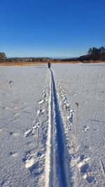 Scenic view of snow field against clear sky during winter