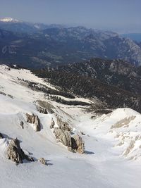 Scenic view of snowcapped mountains against sky