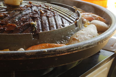 High angle view of meat in container