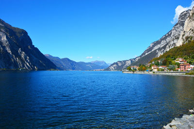 Scenic view of sea against clear blue sky