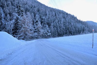 Snow covered landscape against sky