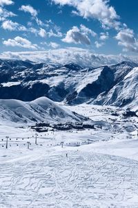 Scenic view of snow covered mountains against sky