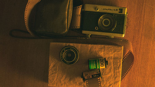 Close-up of vintage camera on table