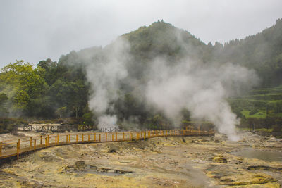 Smoke emitting from volcanic mountain against sky