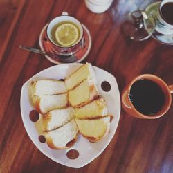 High angle view of breakfast served on table