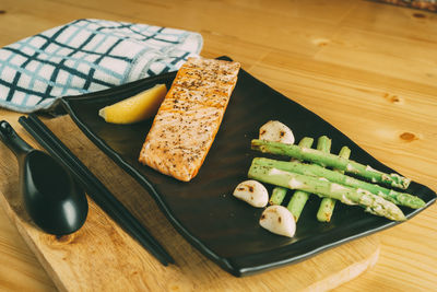 High angle view of food in plate on table