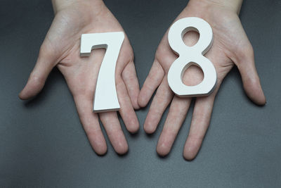 Directly above shot of man holding text over black background