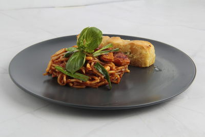 High angle view of food in plate on table