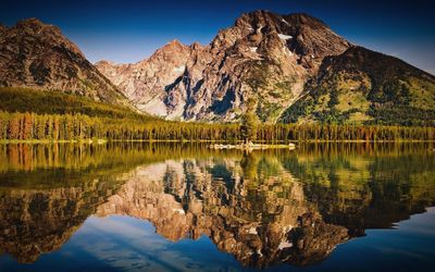 Scenic view of lake in front of rocky mountains